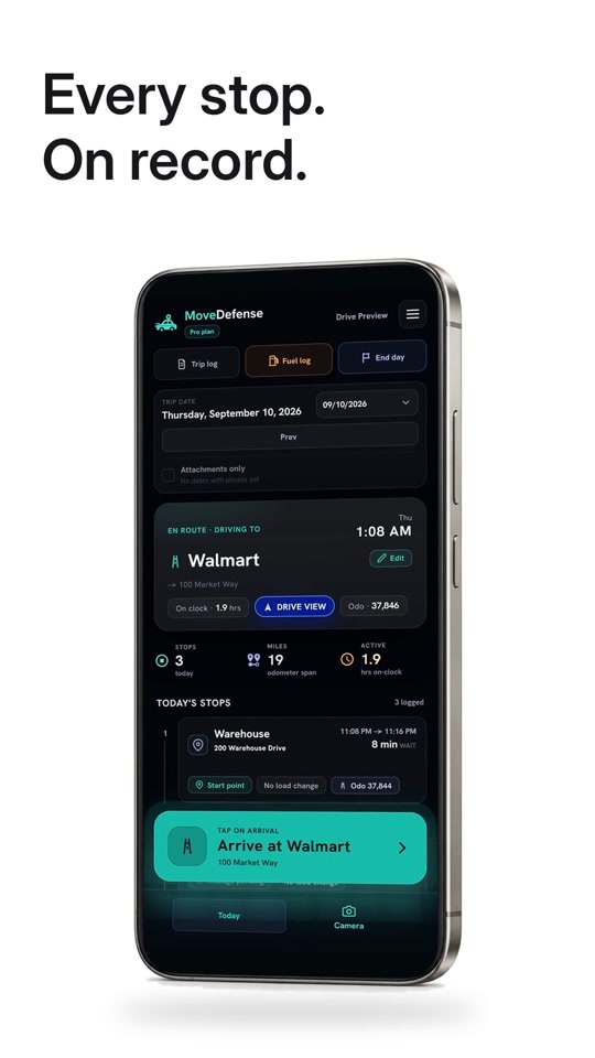MoveDefense demo showing a driver's trip log and current stop.
